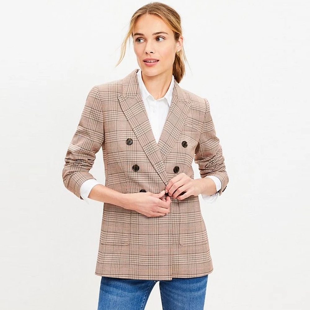 Loft - Petite Plaid Double Breasted Blazer